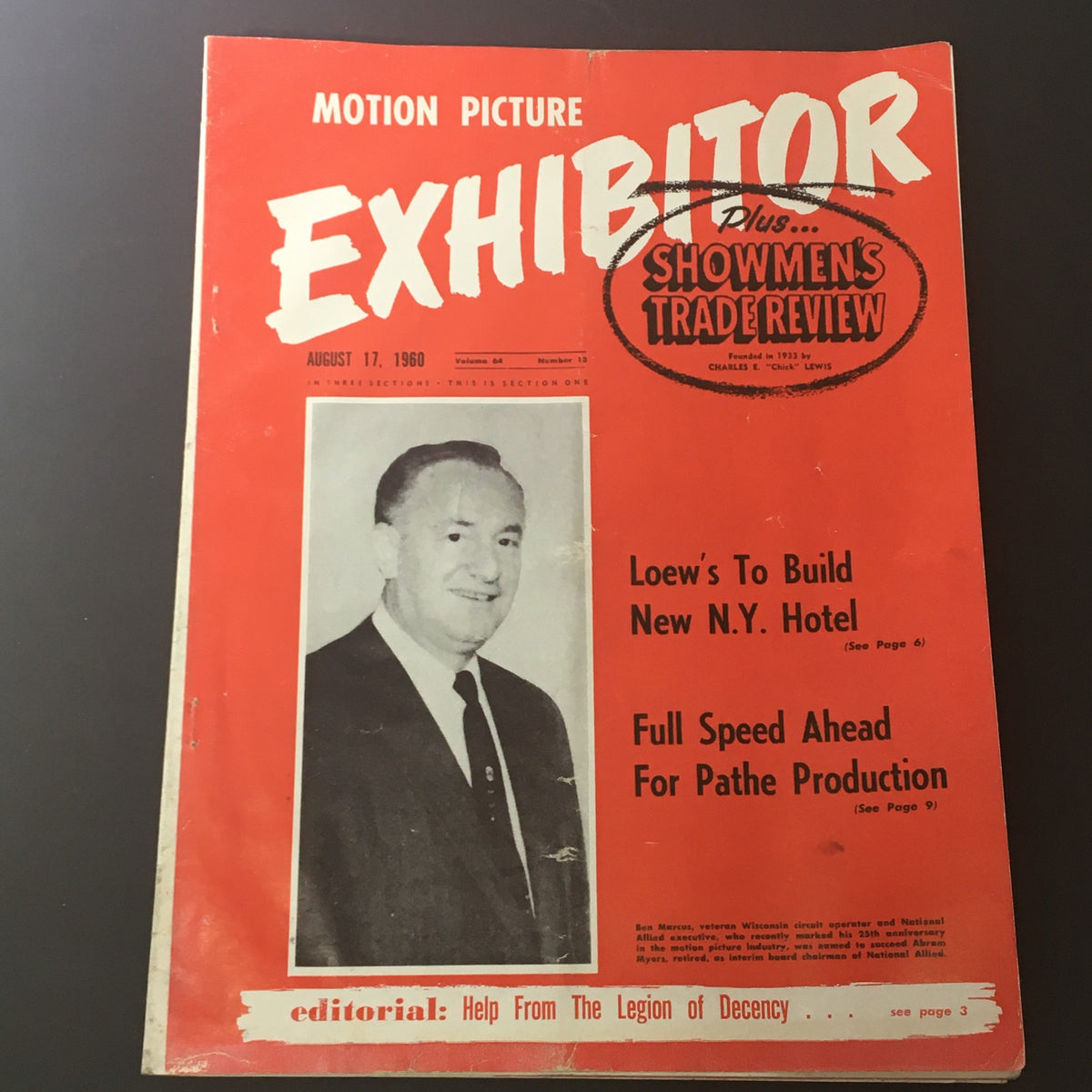 Cover of Motion Picture Exhibitor August 17, 1960, featuring the headline 'Loew's To Build New N.Y. Hotel' and a photograph of a man. The magazine is a vintage publication from the film industry, reflecting cinema culture of the early 1960s.