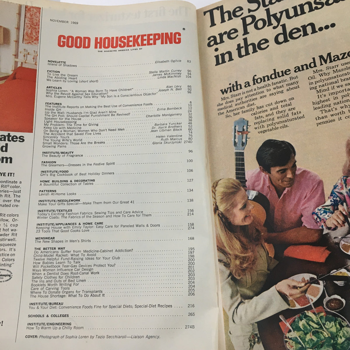 Good Housekeeping Magazine November 1969, featuring contents page with articles on various topics such as women's roles, culinary advice, and household tips.