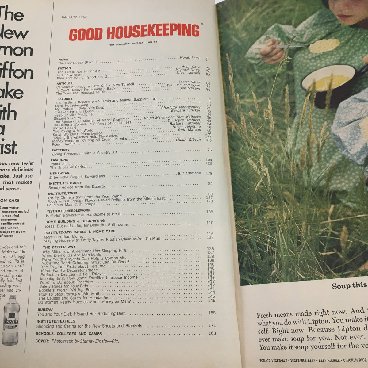 Contents page of Good Housekeeping Magazine January 1969 featuring articles relevant to that era, including topics on health, fashion, and home care, as well as a captivating cover story on Caroline Kennedy in turmoil.