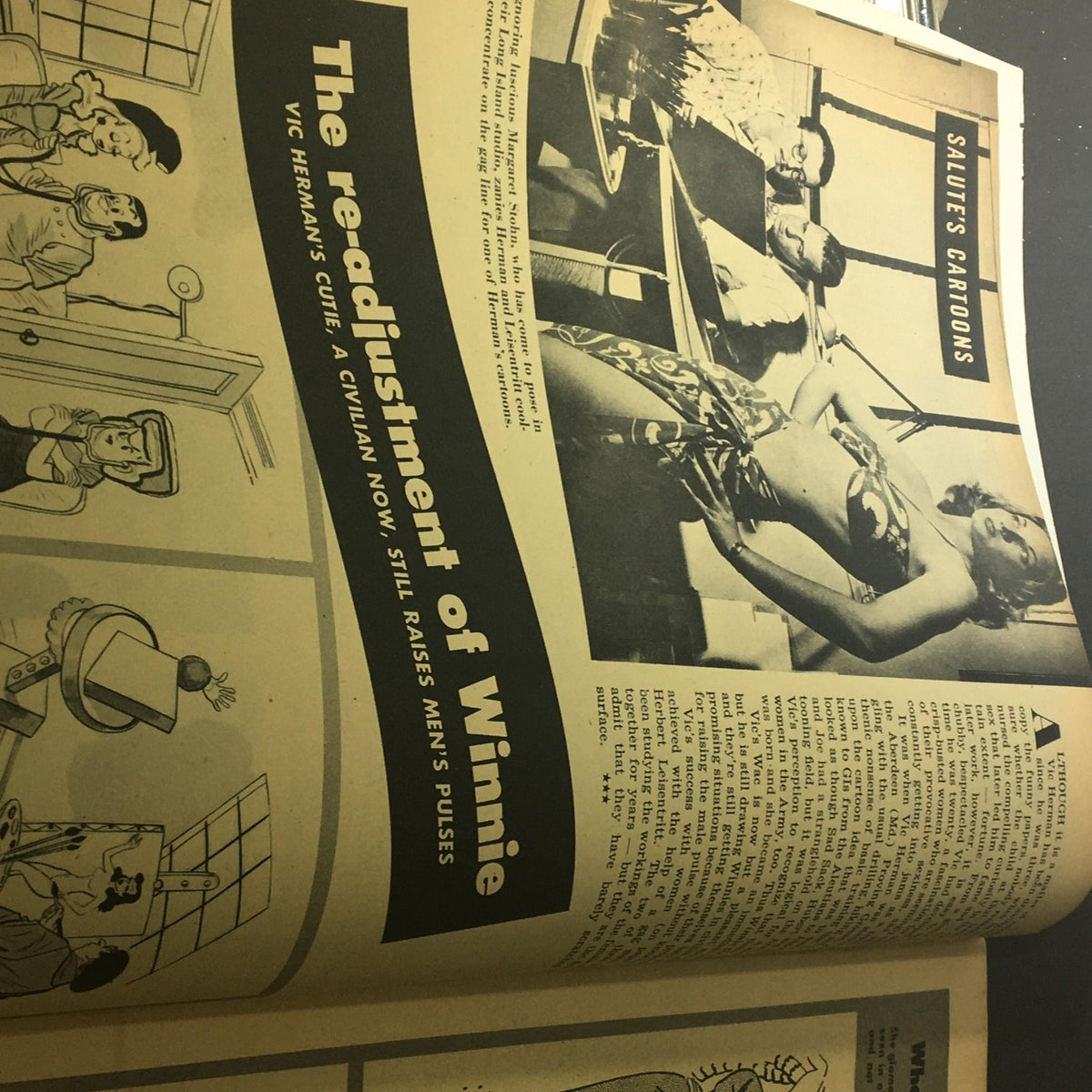 Vintage page from VTG Salute Magazine December 1947 showcasing an article titled 'The readjustment of Winnie', accompanied by cartoons and illustrations relating to women in society.