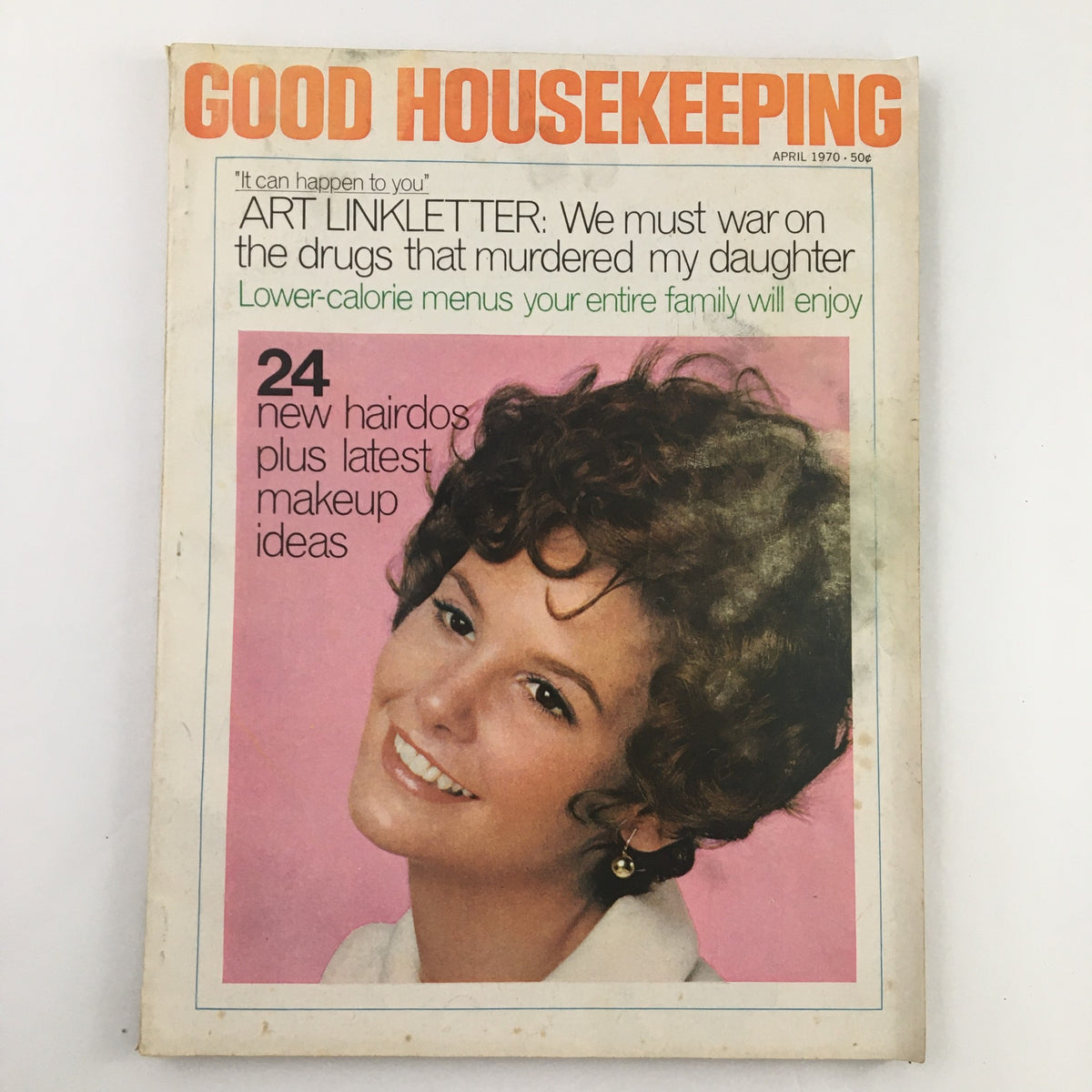 Good Housekeeping Magazine April 1970 cover featuring the title and a smiling woman with curly hair, promoting 24 new hairdos and makeup ideas.