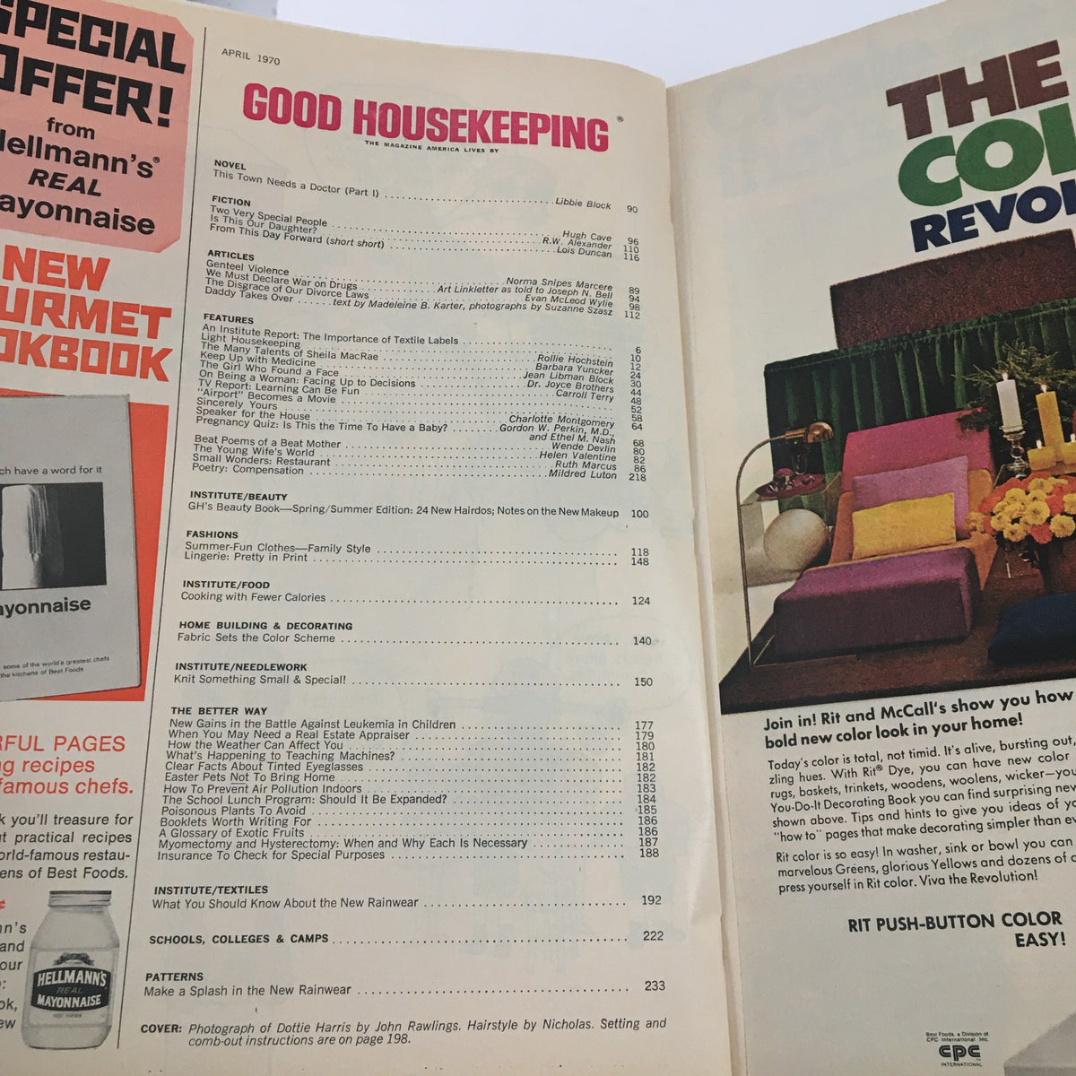 Inside page from Good Housekeeping Magazine April 1970 displaying the table of contents with various articles and features including a section on beauty and hairdos.