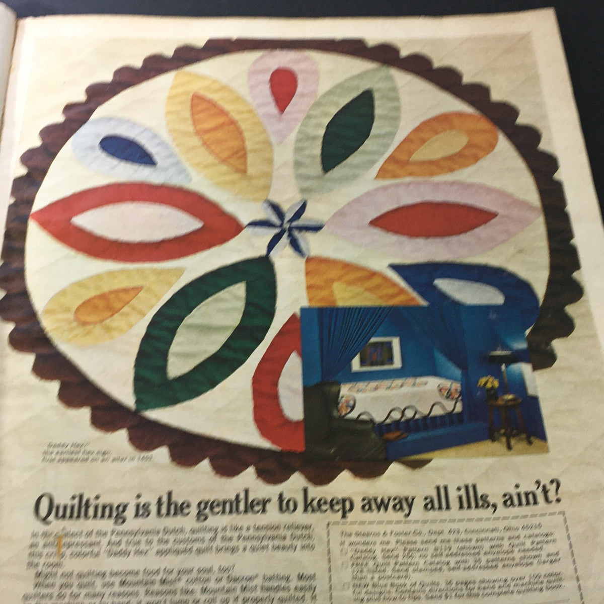 Page from the VTG McCall's Needlework & Crafts Magazine Spring Summer 1969, featuring a colorful quilted design with flower motifs.