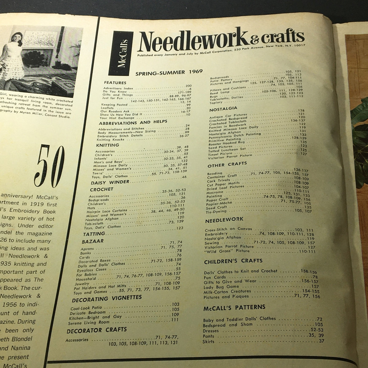 Table of contents from the VTG McCall's Needlework & Crafts Magazine Spring Summer 1969, listing various crafts and features.