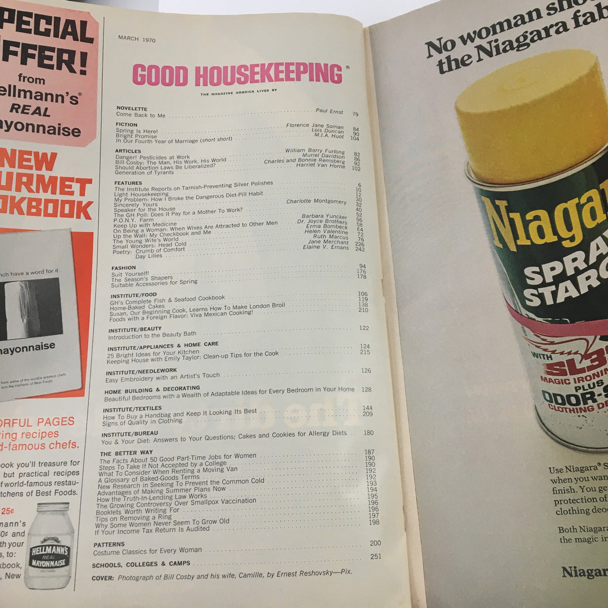 Inside page of Good Housekeeping Magazine March 1970 displaying the contents, including articles by various authors and topics related to home and health.