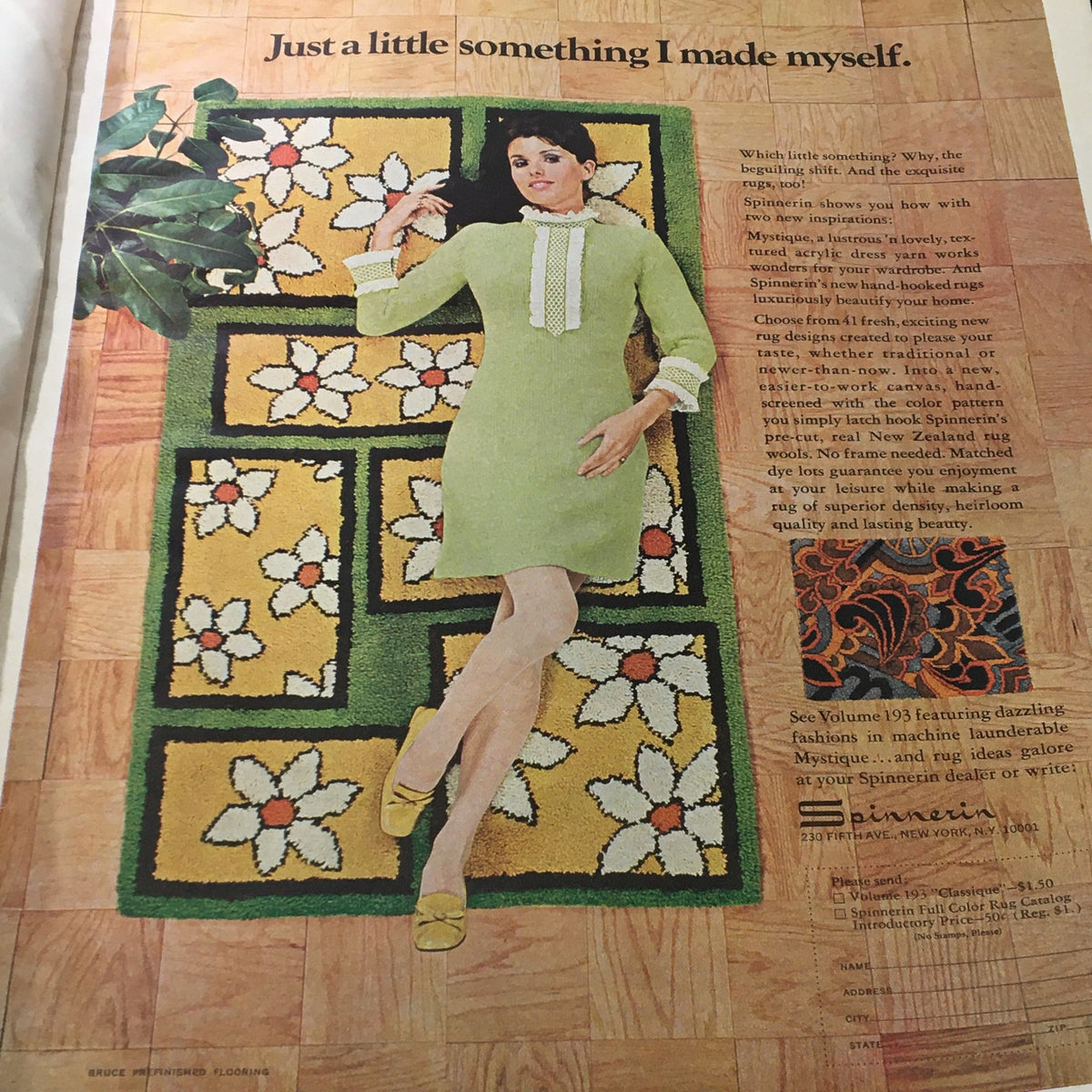 Advertisement page from the VTG McCall's Needlework & Crafts Magazine Spring Summer 1969, showcasing a model dressed in a green outfit with a flower-patterned rug.