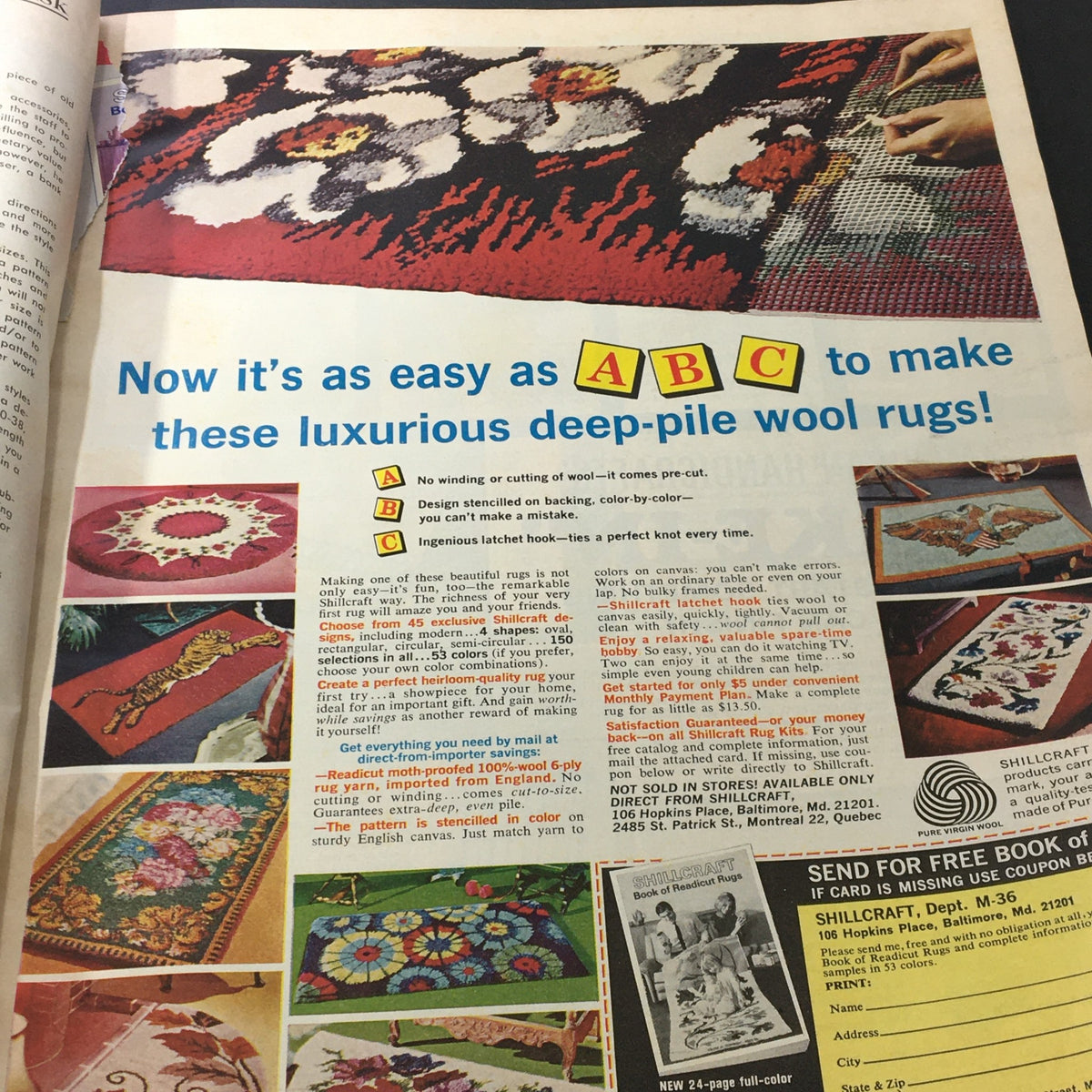 VTG McCall's Needlework & Crafts Magazine Spring Summer 1969 featuring a colorful advertisement for making luxurious deep-pile wool rugs with pre-cut designs.