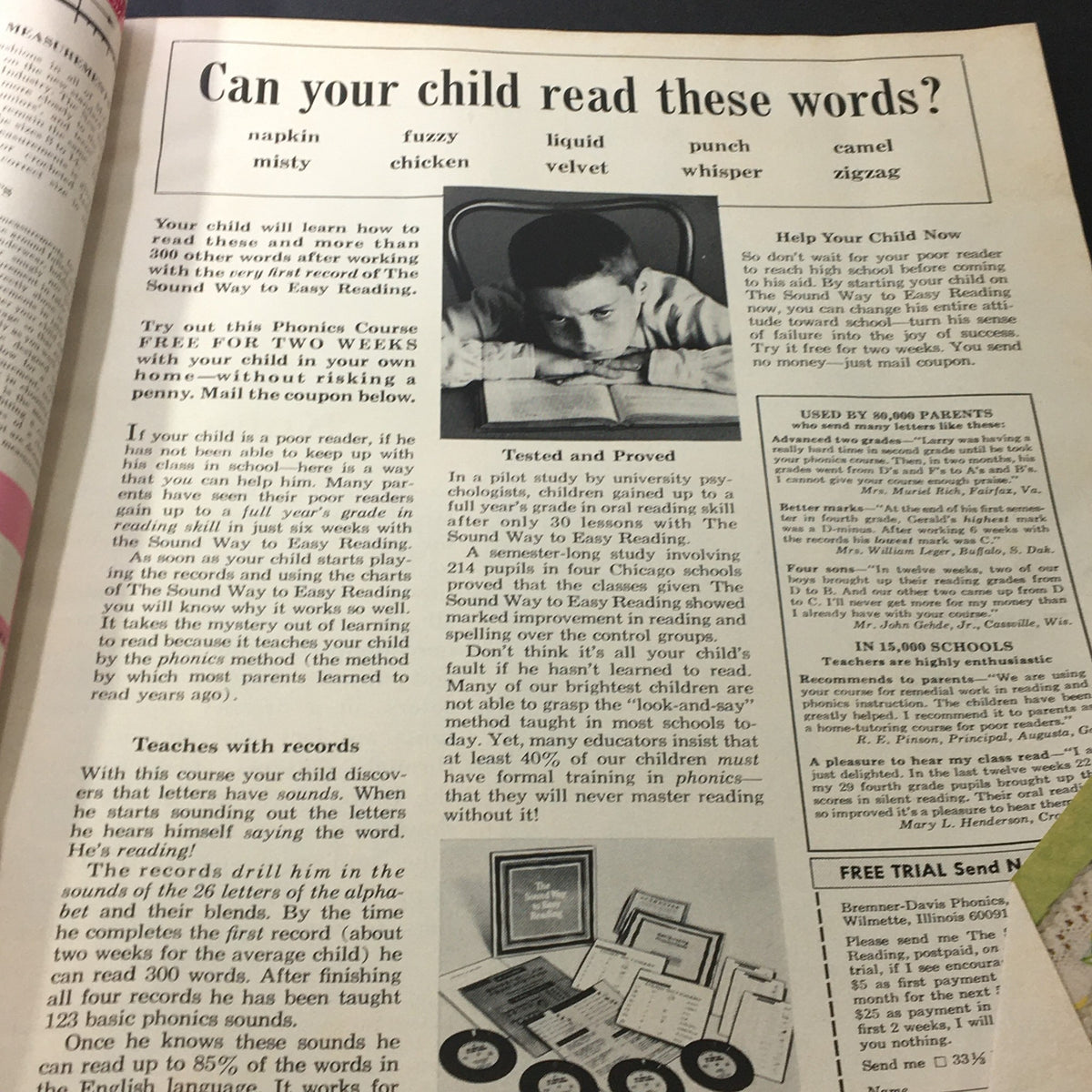 VTG McCall's Needlework & Crafts Magazine Spring Summer 1969 showcasing a phonics course advertisement aimed at helping children read, featuring a young boy engaged in studying.