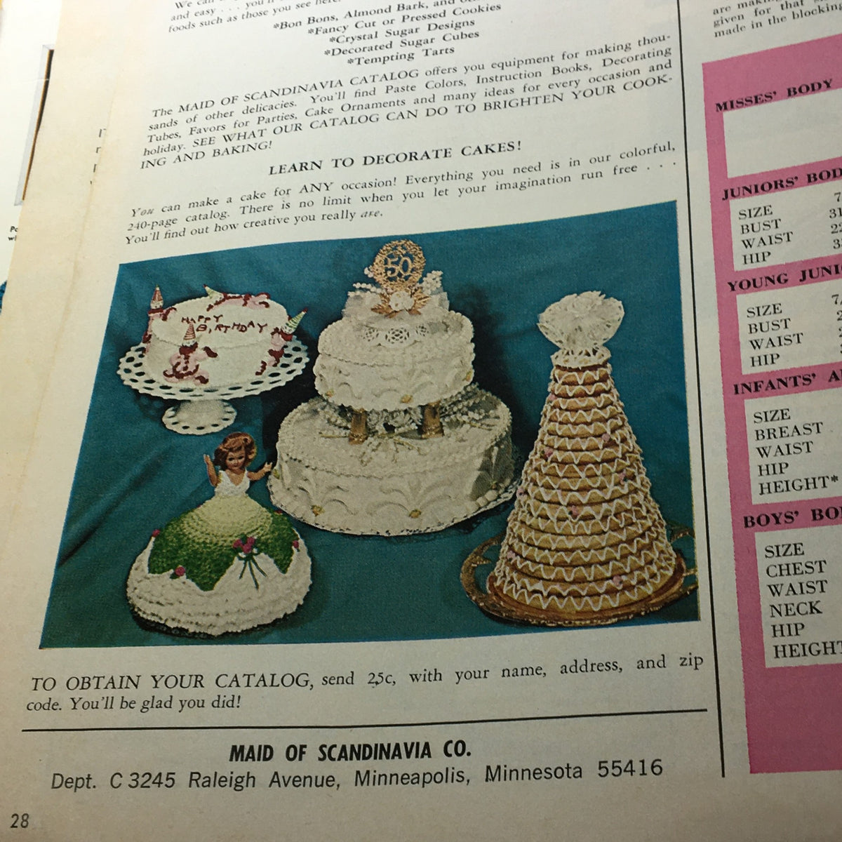VTG McCall's Needlework & Crafts Magazine Spring Summer 1969 displaying a cake decoration advertisement with creative cake designs and festive decorations.