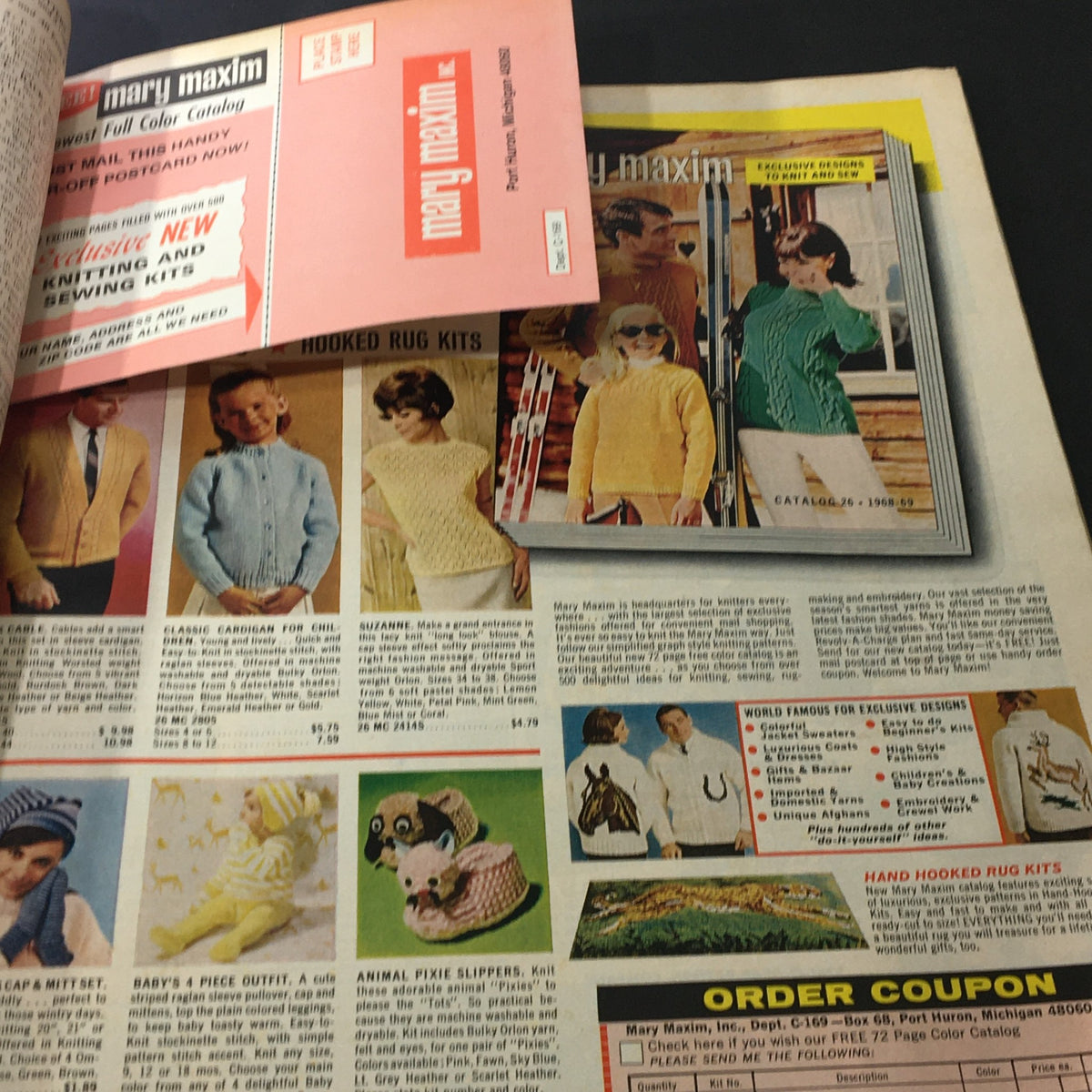VTG McCall's Needlework & Crafts Magazine Spring Summer 1969 illustrating a Mary Maxim catalog advertisement featuring knitting patterns and clothing for all ages.