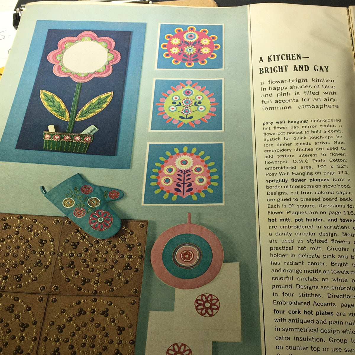 Detailed illustration from VTG McCall's Needlework & Crafts Magazine Spring Summer 1969 showcasing colorful floral designs and kitchen decor inspirations, highlighting the creativity of the late 1960s.