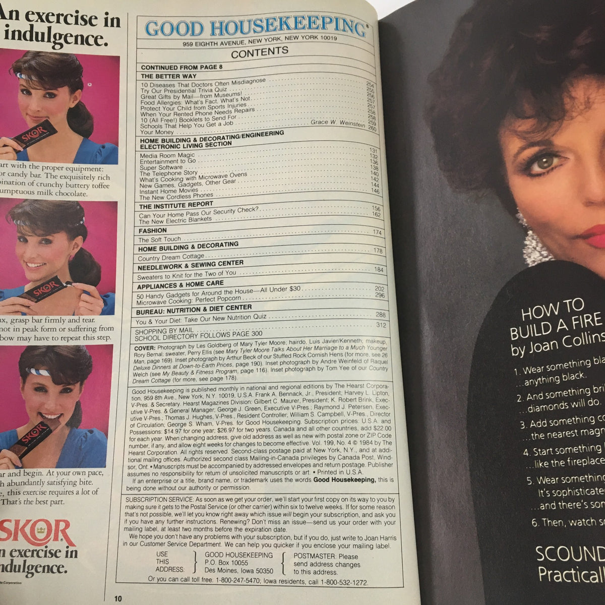 Contents page of Good Housekeeping Magazine, October 1984, displaying various articles including a section on home building and decorating, along with a featured image of a model with bold accessories.