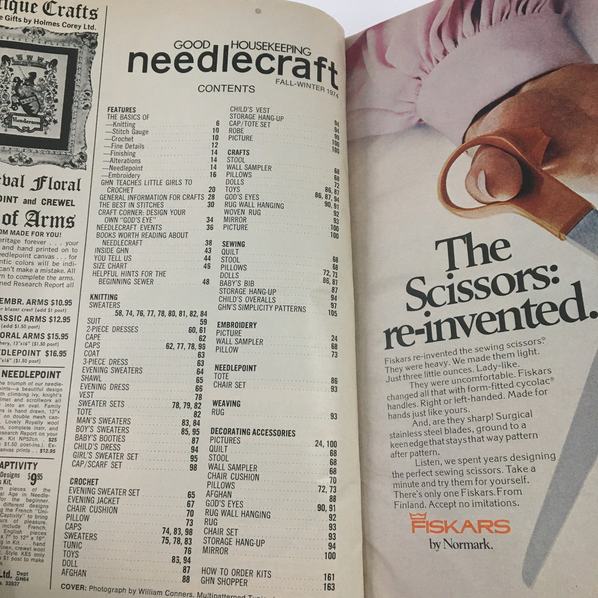 Inside page of Good Housekeeping Needlecraft Fall 1974 displaying the table of contents outlining various sections including knitting, embroidery, and sewing projects.