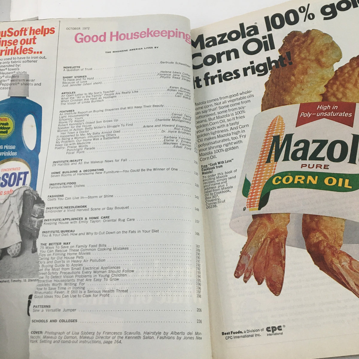 Interior page of Good Housekeeping Magazine October 1972 featuring features, articles, and advertisements including Mazola Corn Oil. A glimpse into the vintage content of the magazine.