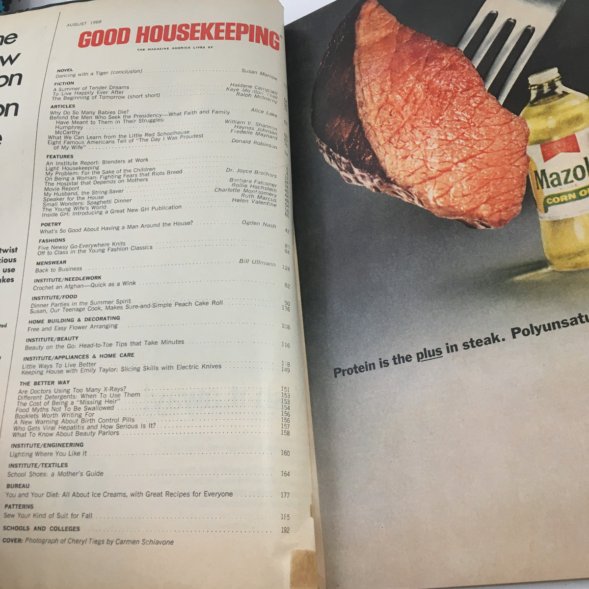 Interior pages of Good Housekeeping Magazine August 1968 featuring the table of contents and an advertisement for Mazola Corn Oil, highlighting an article by Joyce Brothers, 'Fears That Riots Breed'.