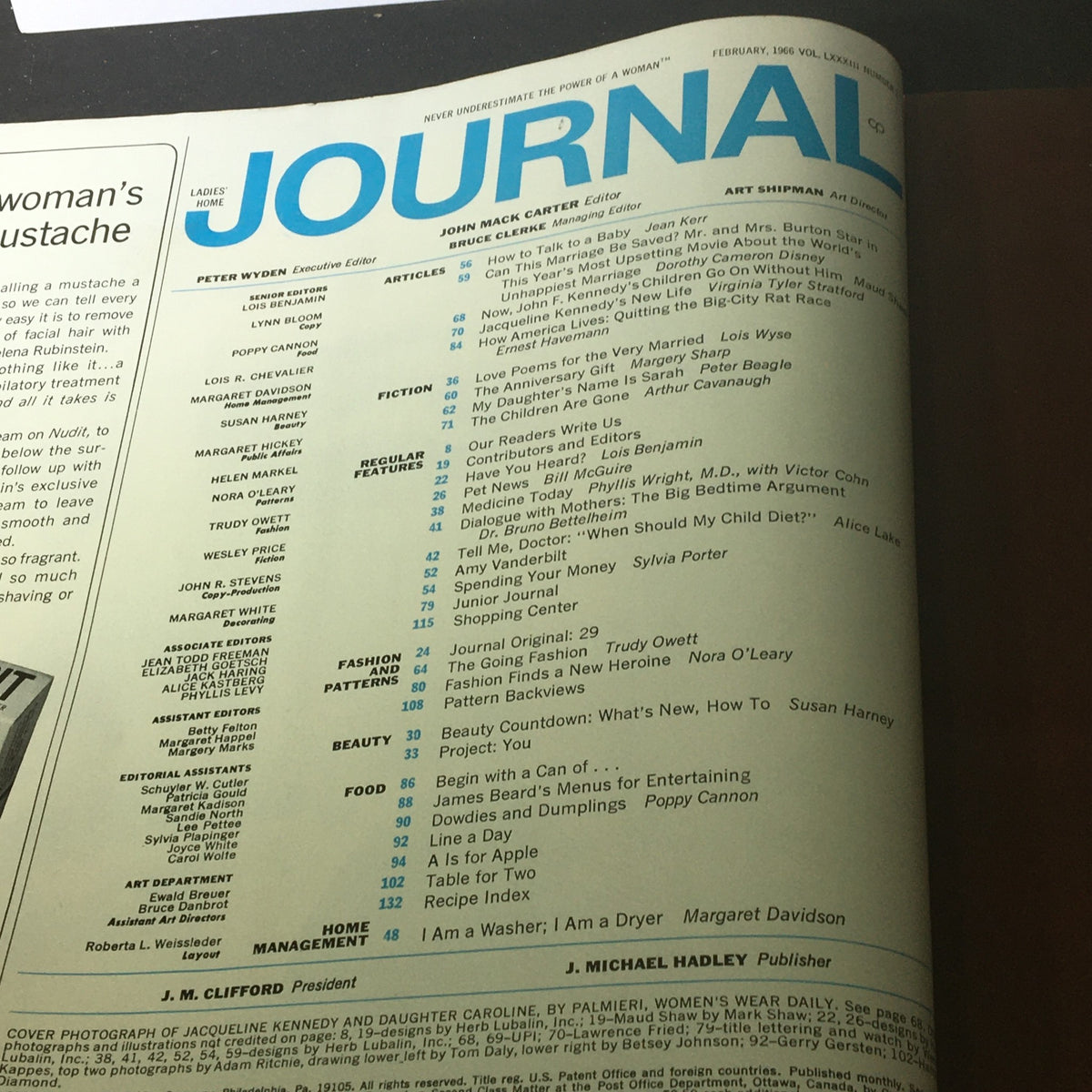 Table of contents page of VTG Journal Magazine February 1966 Vol 83 #2 showcasing articles by John Mack Carter and Sylvia Porter.