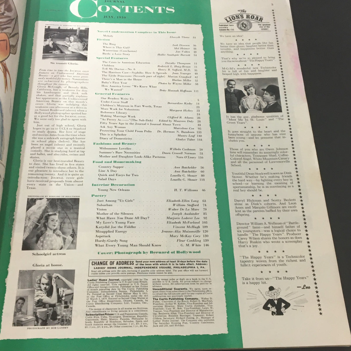 Contents page of the July 1950 VTG Journal Magazine, showcasing articles and features including one on Gloria McGough.