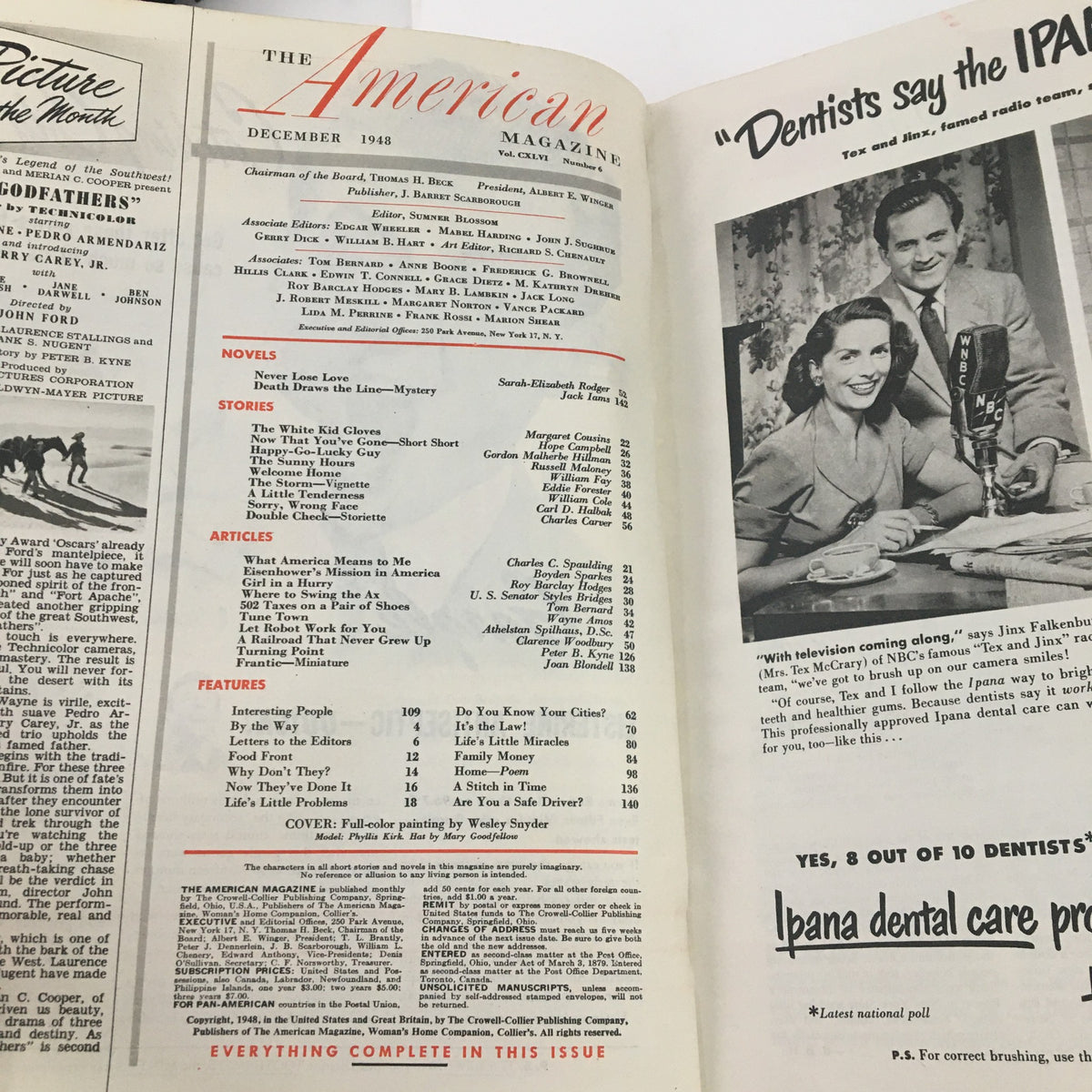 Inside page of The American Magazine December 1948 listing contents, including stories, articles, and features related to Eisenhower's Mission in America.