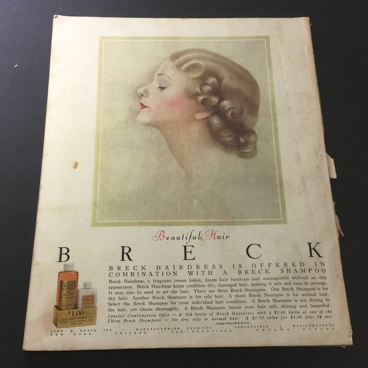 Back cover of the VTG Journal Magazine September 1955, featuring a vintage advertisement for Breck Hairdress and Shampoo.