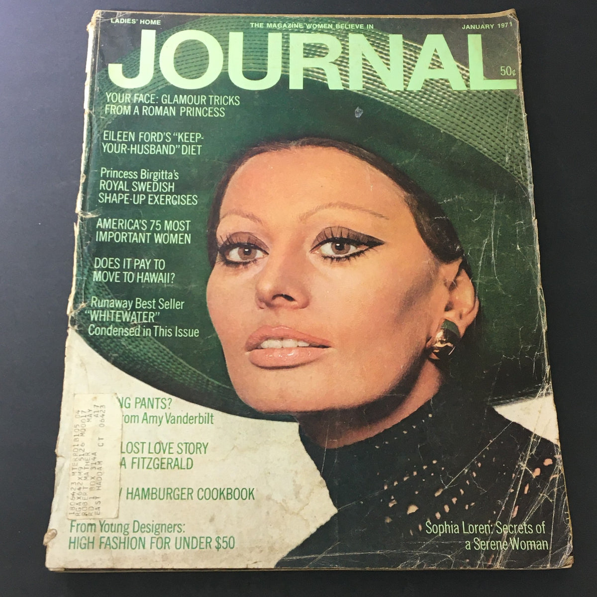 Vintage Journal Magazine January 1971 featuring striking cover image with Sophia Loren and articles on beauty and lifestyle.