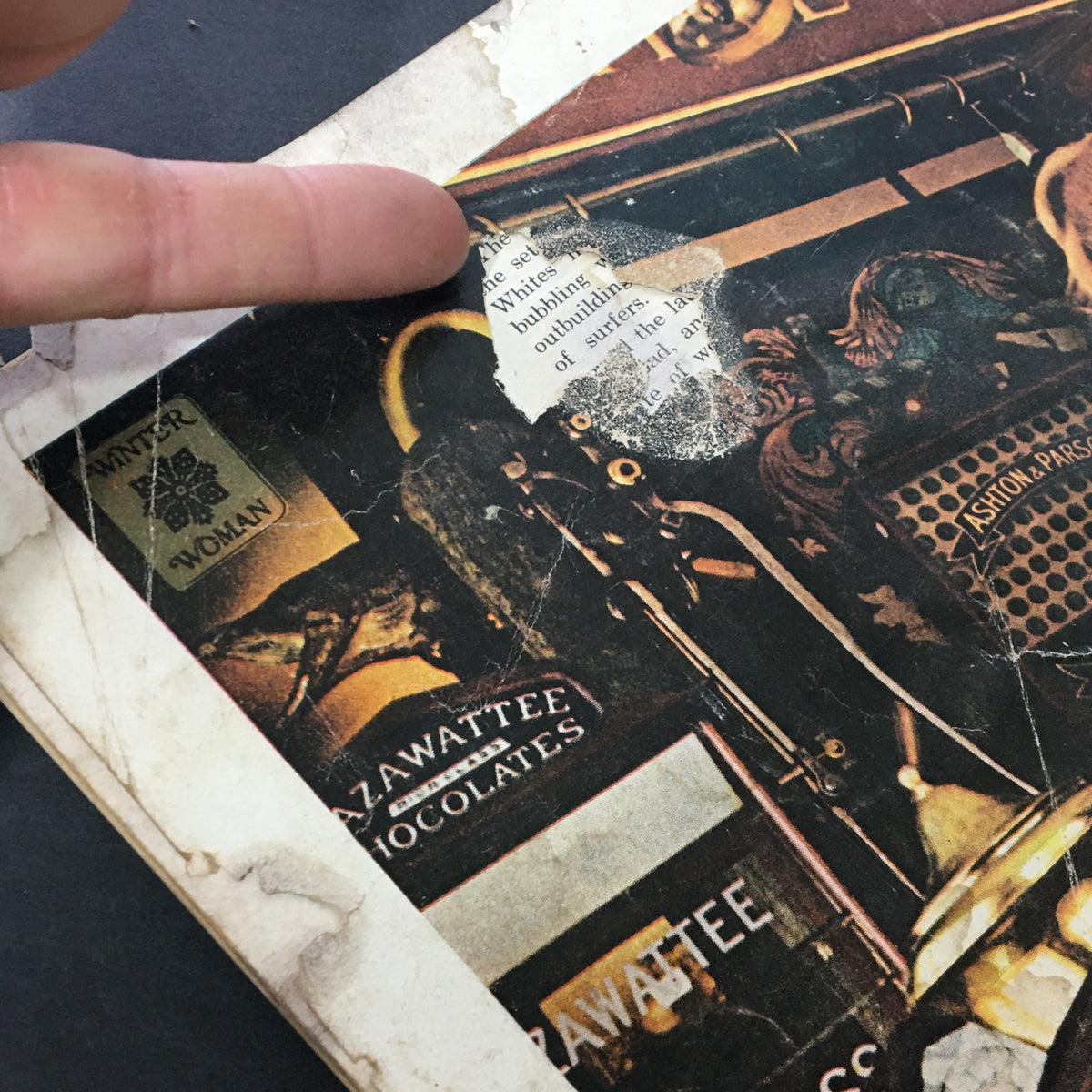 Close-up of the cover of VG Journal Magazine January 1971, displaying antique items and a Viceroy cigarette ad with a person's finger pointing to details.