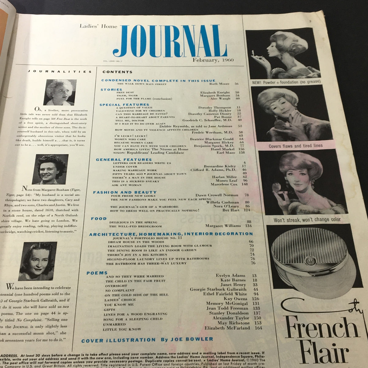 Contents page of the VTG Journal Magazine February 1960 featuring article listings, authors, and topics relevant to 1960s literature and lifestyle.