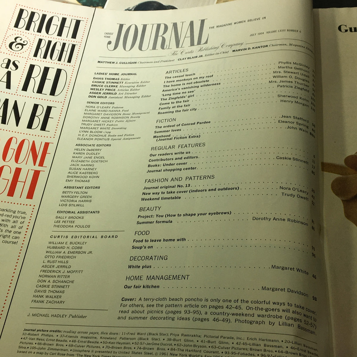 Interior page of VTG Journal Magazine July 1964 Vol 81 #6 showcasing table of contents and articles including contributions from Jean Stafford and Martha Gellhorn.