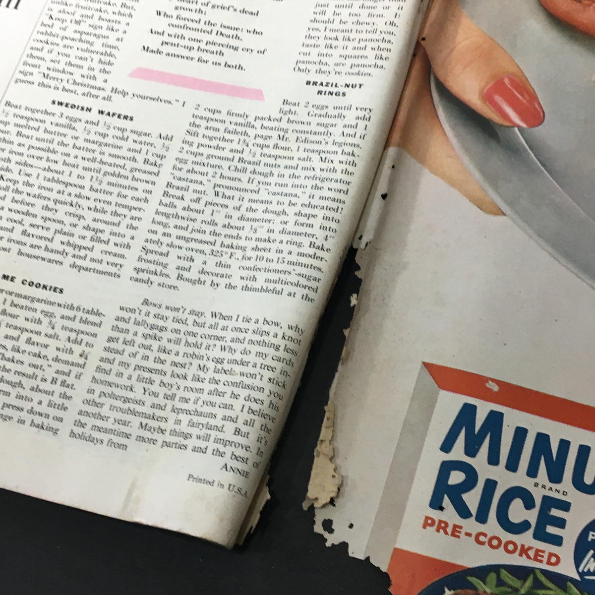 Recipe page from the December 1954 VTG Journal Magazine featuring cooking instructions with damaged edges.