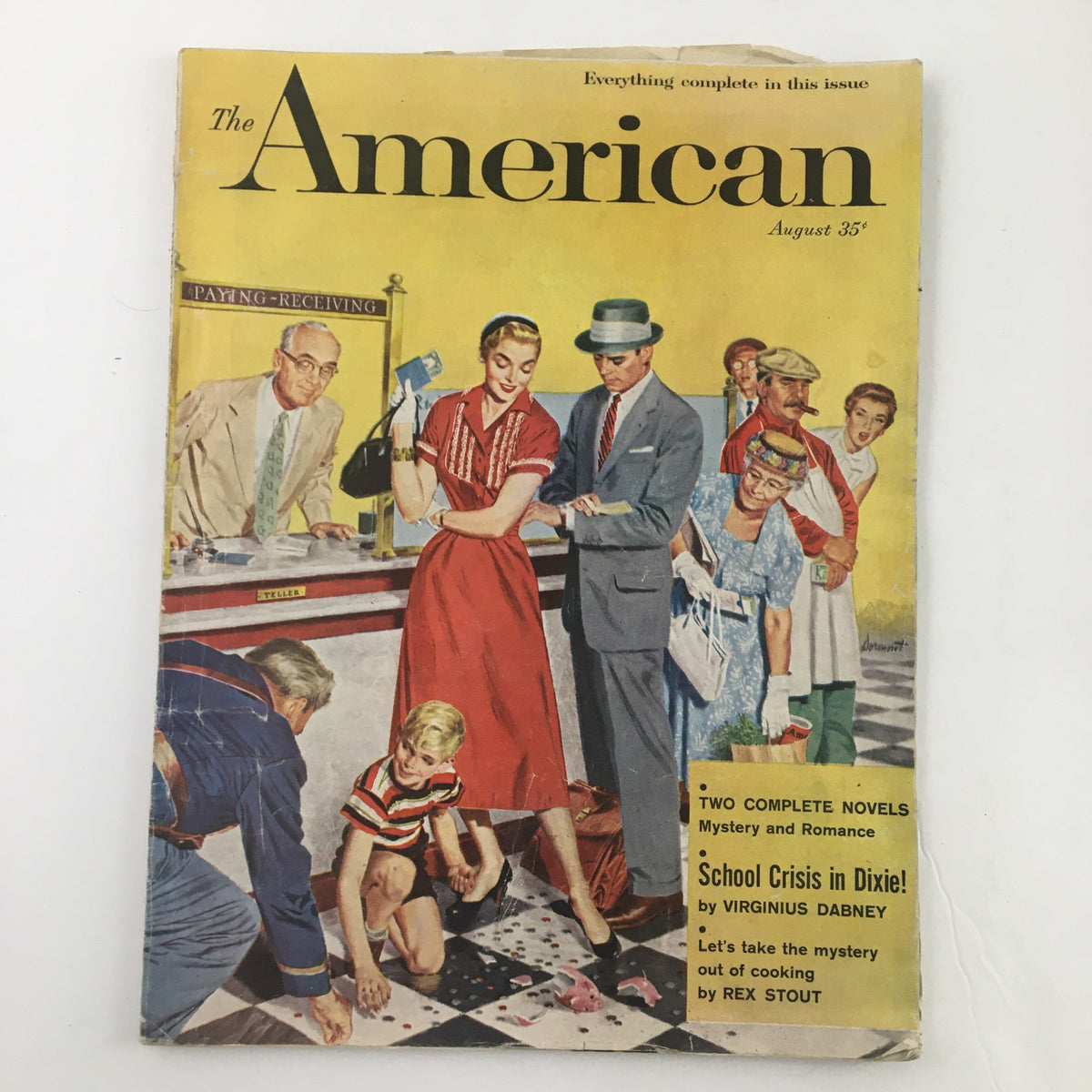 The American Magazine cover from August 1956 featuring the article 'School Crisis in Dixie' by V. Dabney. The cover showcases a vibrant illustration of various people engaging in a lively scene, reflective of the mid-20th century American culture.