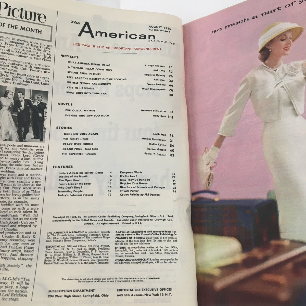 Interior page of The American Magazine, August 1956, displaying the table of contents. This page highlights various articles, novels, and features from the issue, emphasizing its historical significance.