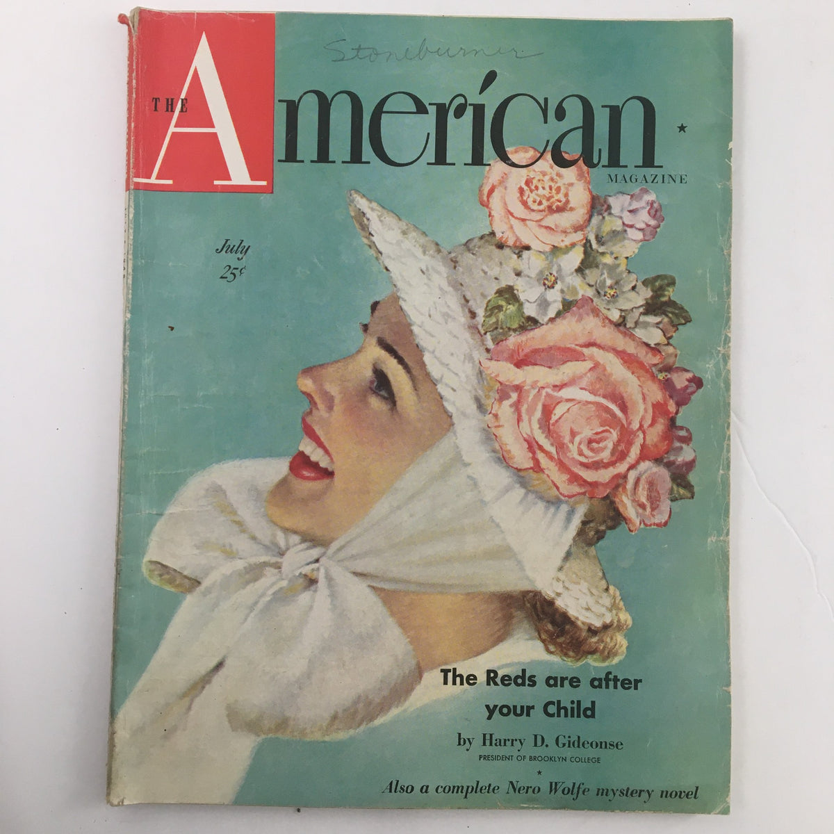 Cover of The American Magazine from July 1948 featuring the title The Reds Are After Your Child with a woman in a bonnet adorned with flowers.