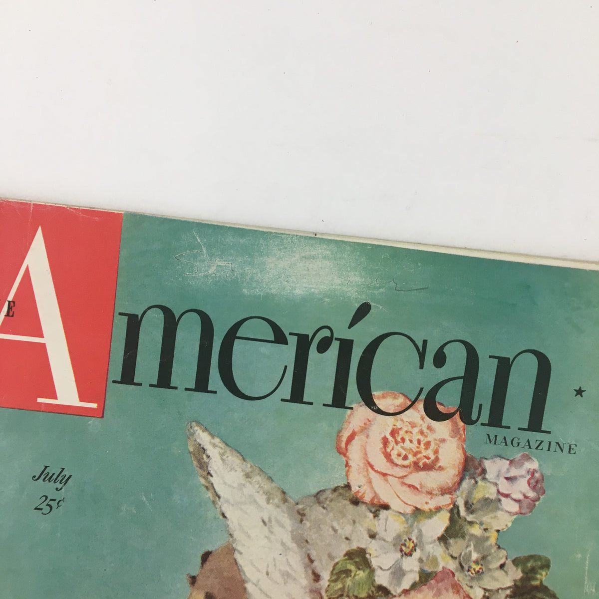 Close-up detail of the cover of The American Magazine July 1948 highlighting the title The Reds Are After Your Child with floral decorations.