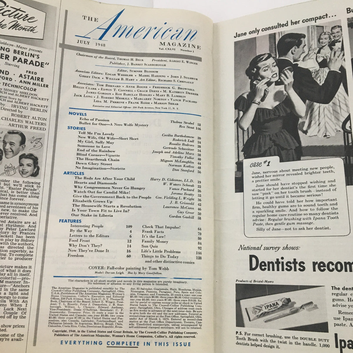 Inside page of The American Magazine from July 1948 displaying the table of contents and articles, including The Reds Are After Your Child.