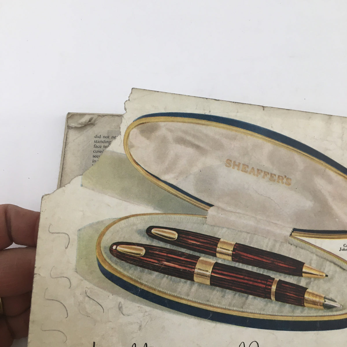 An image of a vintage pen set inside a Sheaffer case, found in The American Magazine September 1946, showcasing the nostalgia of classic writing instruments.