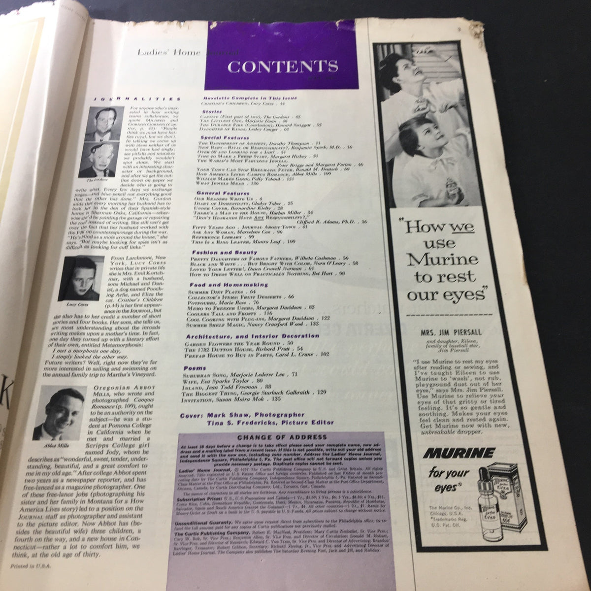 Contents page of the July 1957 VTG Journal Magazine listing articles related to women's interests and advertisements.