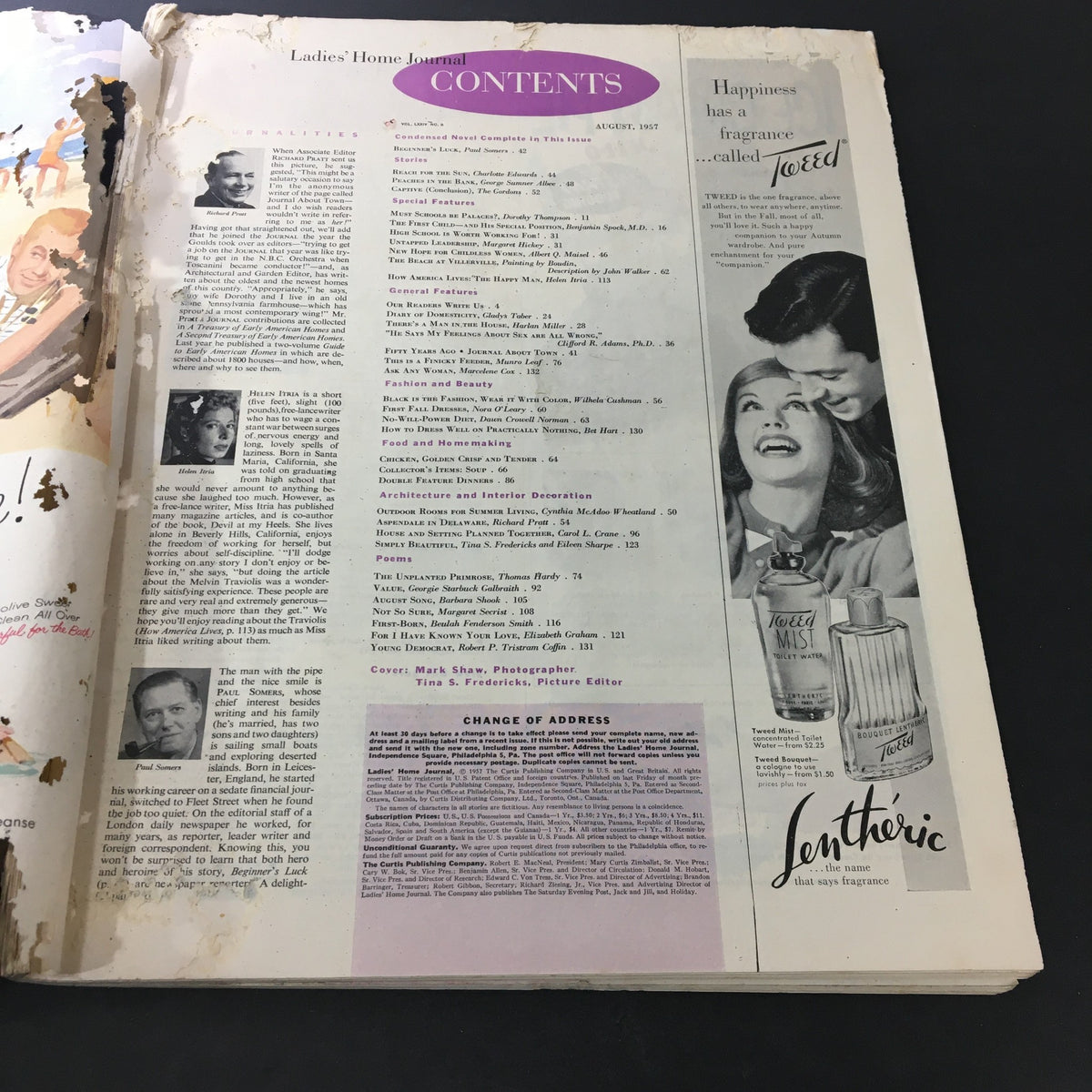 Inside page of VTG Journal Magazine August 1957 showcasing the contents section with nostalgic advertisements and articles.