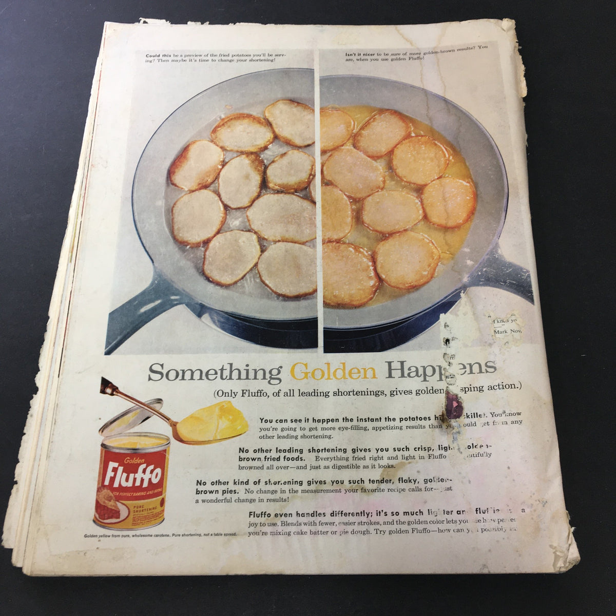 Page from VTG Journal Magazine August 1957 featuring a colorful advertisement for Fluffo shortening with a visual of golden fried potatoes.
