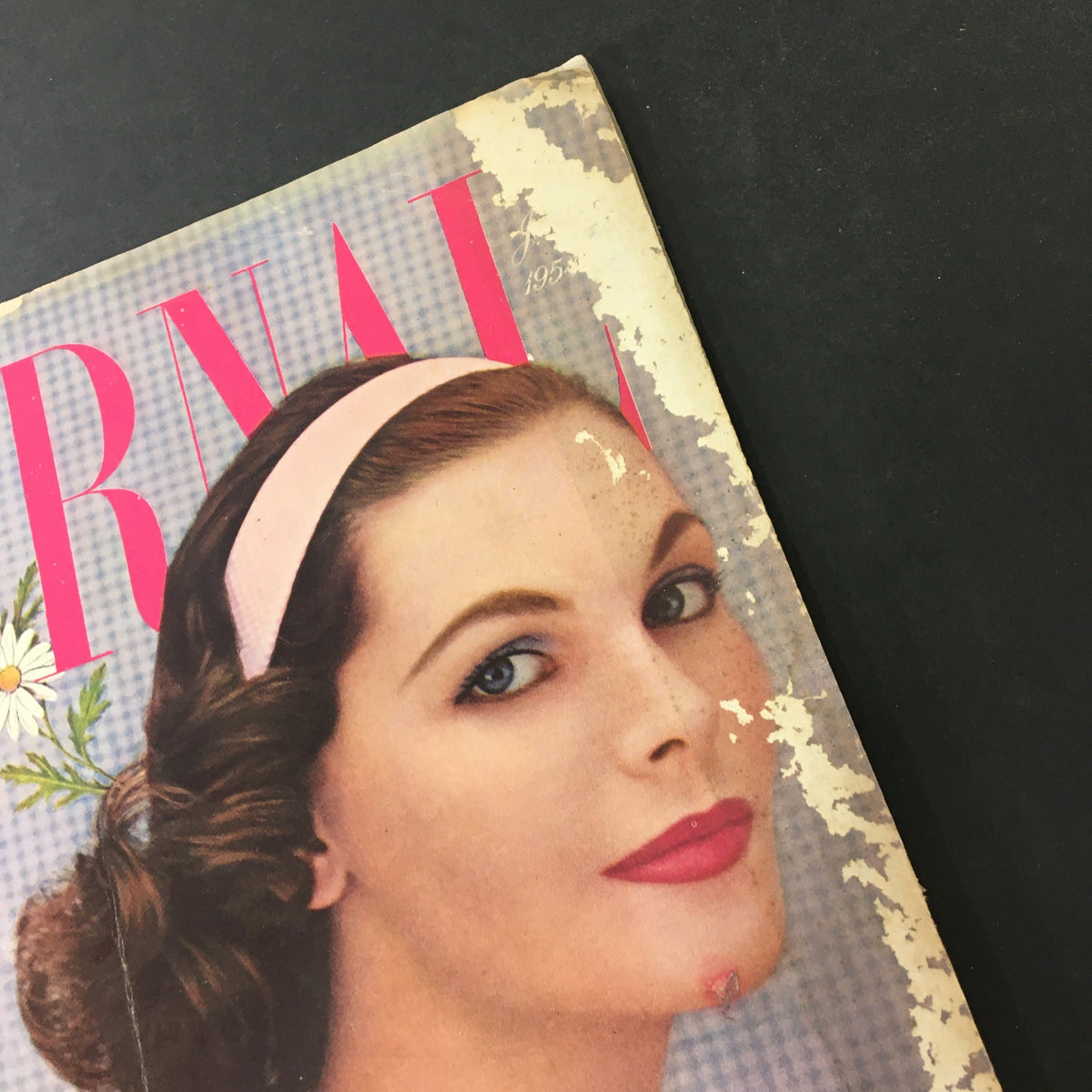 Close-up of the VTG Journal Magazine June 1954 cover, highlighting the portrait of Katherine by Anya Seton, with visible wear reflecting its vintage character.