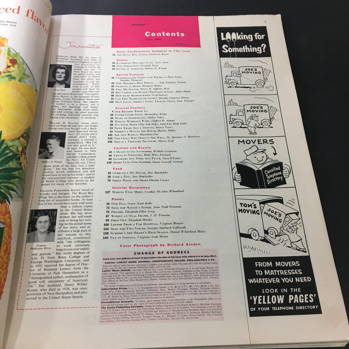 Contents page of VTG Journal Magazine June 1954, listing articles and features, illustrating the magazine's literary and cultural themes.