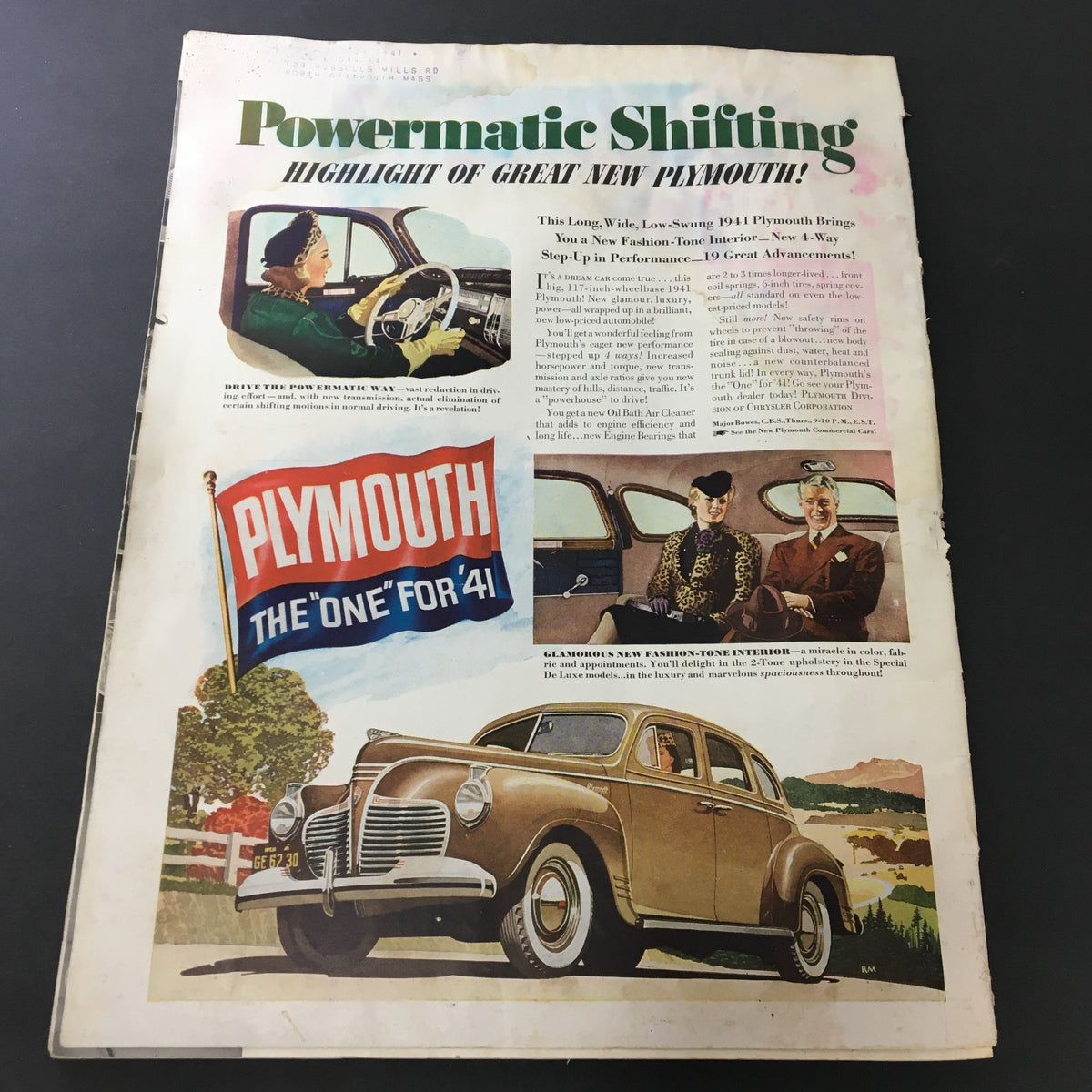 Back advertisement page of VTG Better Homes & Gardens December 1940 magazine, promoting the 1941 Plymouth car with an illustrated car and family.