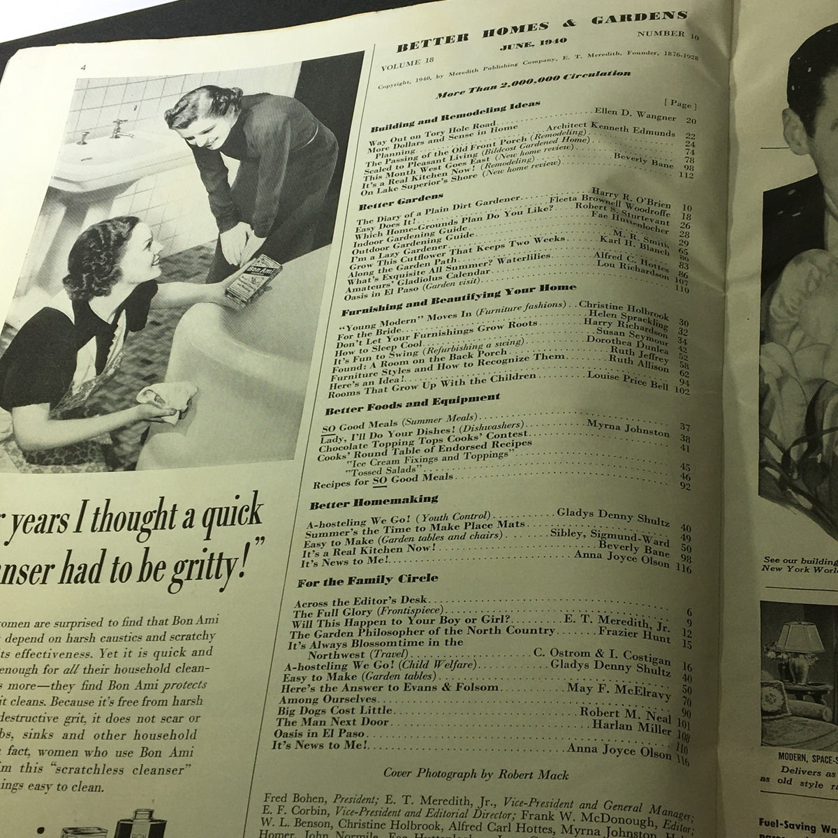 Interior page of VTG Better Homes & Gardens June 1940, listing various articles and topics related to home improvement and gardening.