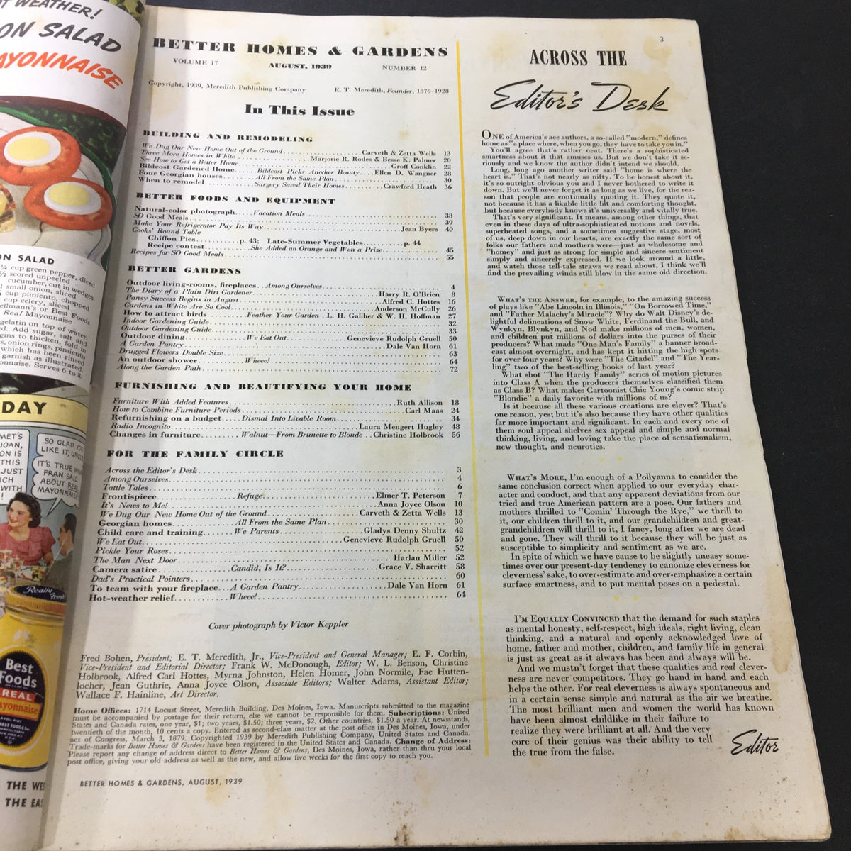 Interior page of VTG Better Homes & Gardens August 1939 displaying the table of contents and articles featured in this issue.