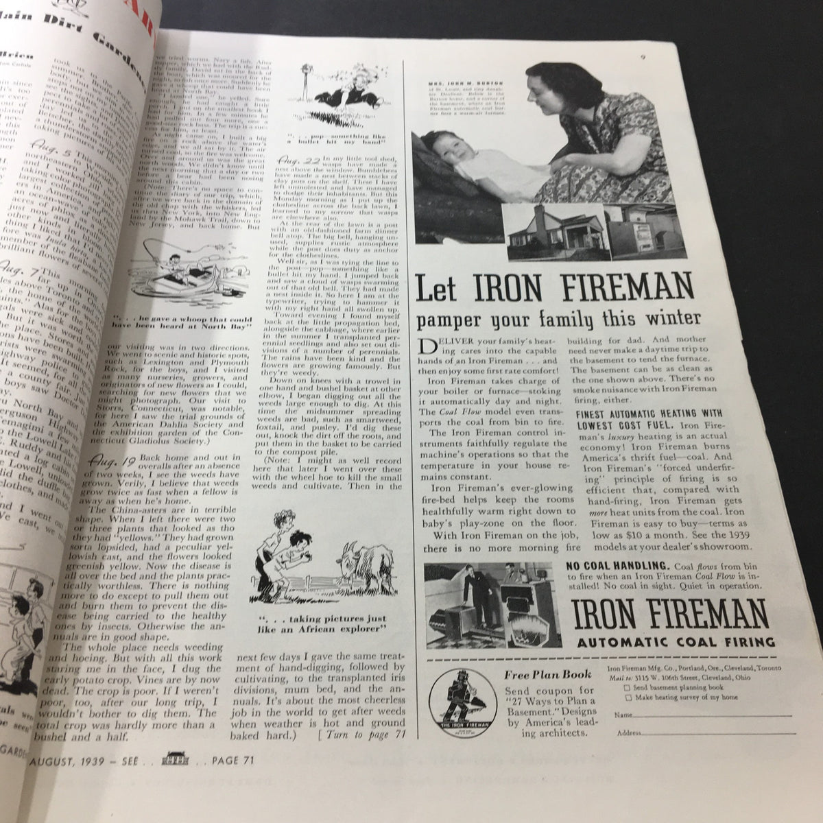 VTG Better Homes & Gardens August 1939 Vol 17 #12 includes an advertisement for Iron Fireman, showcasing a family enjoying warmth from efficient heating.