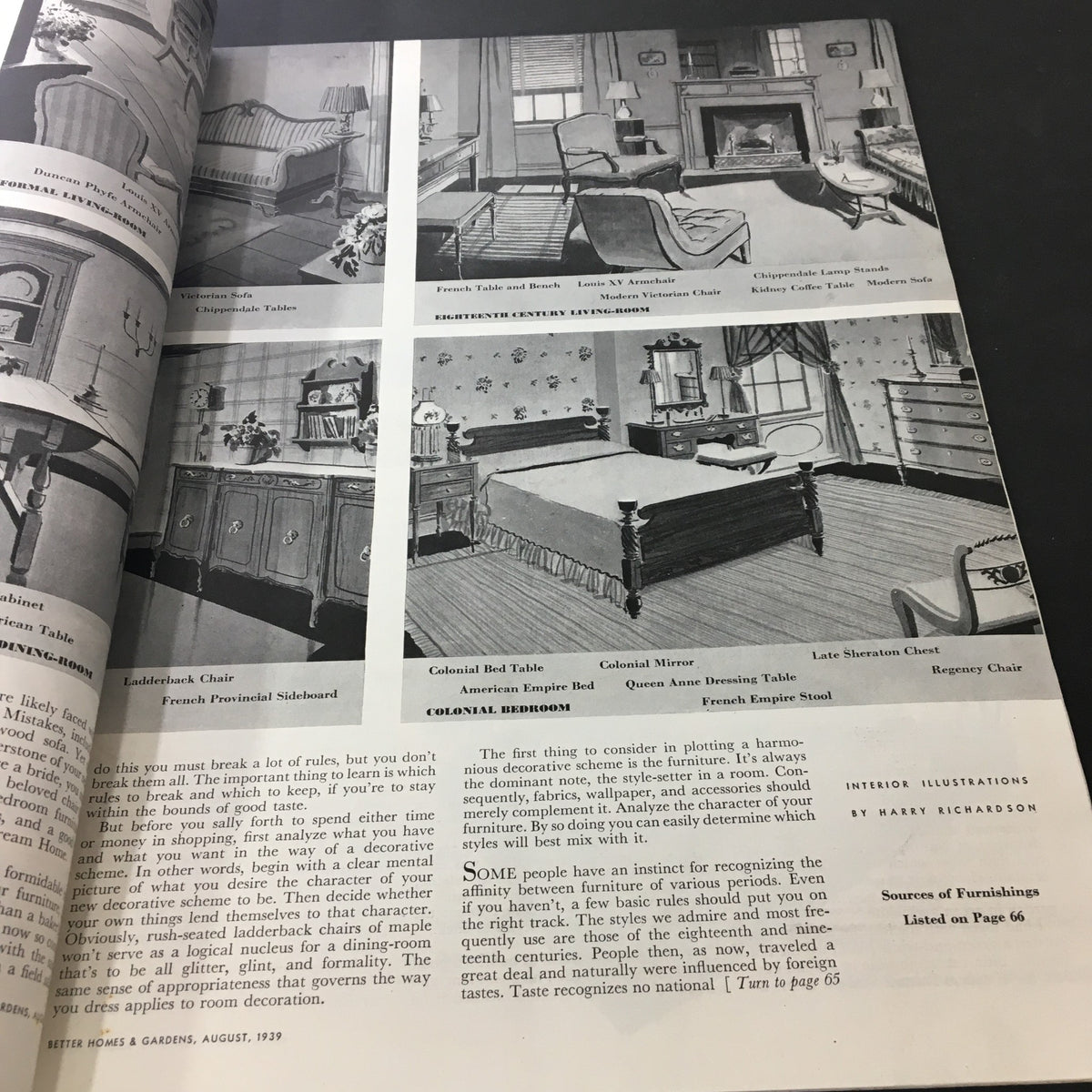 VTG Better Homes & Gardens August 1939 Vol 17 #12 displaying illustrations of colonial-style bedroom furniture, highlighting decorative suggestions for home interiors.