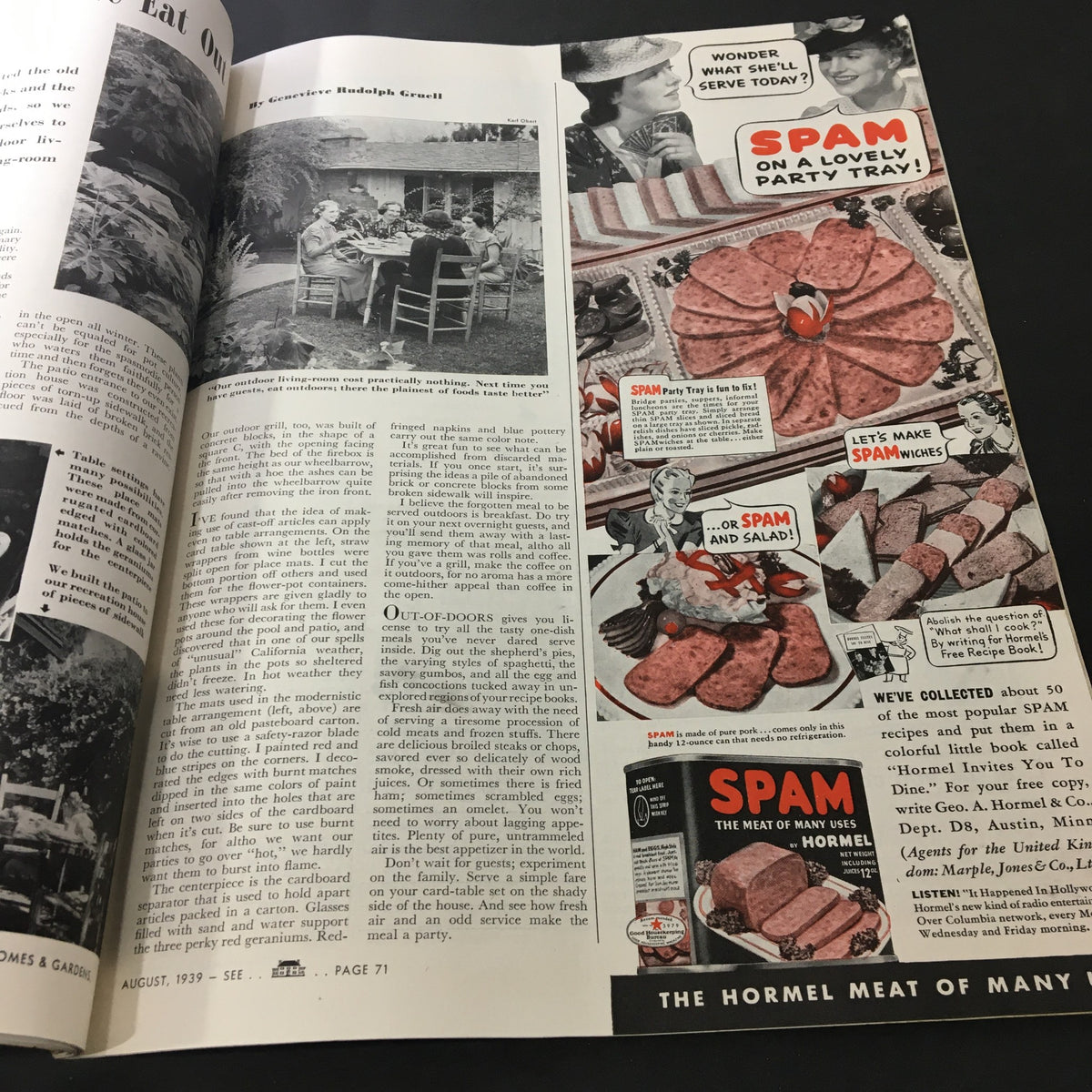 VTG Better Homes & Gardens August 1939 Vol 17 #12 Three More Homes in White magazine page featuring an outdoor dining setup with a group enjoying a meal, along with an advertisement for Spam party recipes.