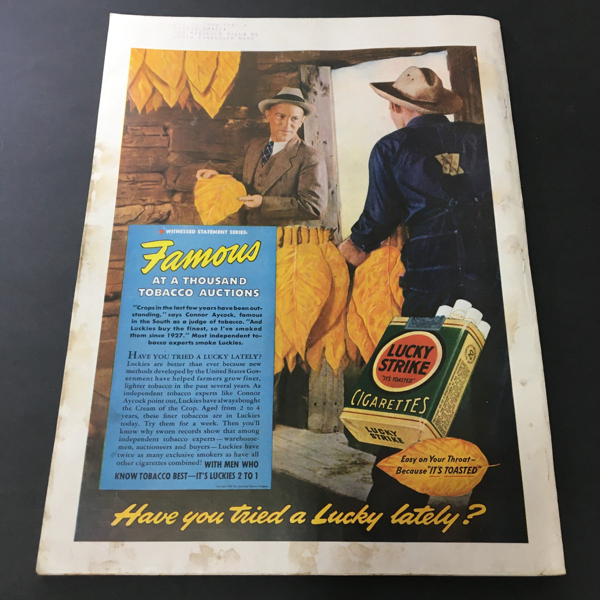 VTG Better Homes & Gardens August 1939 Vol 17 #12 Three More Homes in White magazine advertisement for Lucky Strike cigarettes, displaying two men handling tobacco leaves at an auction.