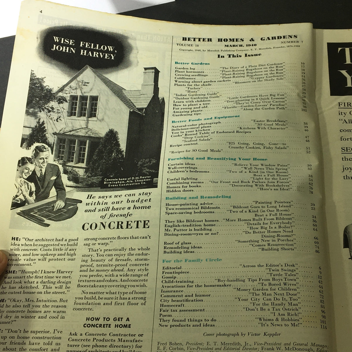 Interior page of the Vintage Better Homes & Gardens March 1940 magazine featuring articles, including a section on home building and gardening, along with a portrait of a family planning their home.