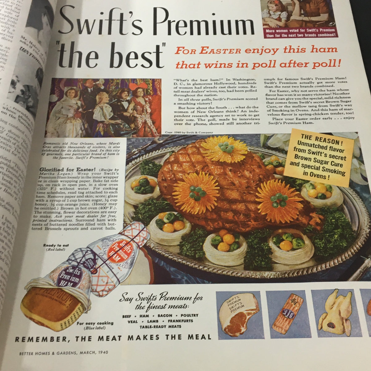 Advertisement for Swift's Premium ham in the Vintage Better Homes & Gardens March 1940 magazine, emphasizing its unmatched flavor for holiday meals, complete with a beautifully arranged dish.