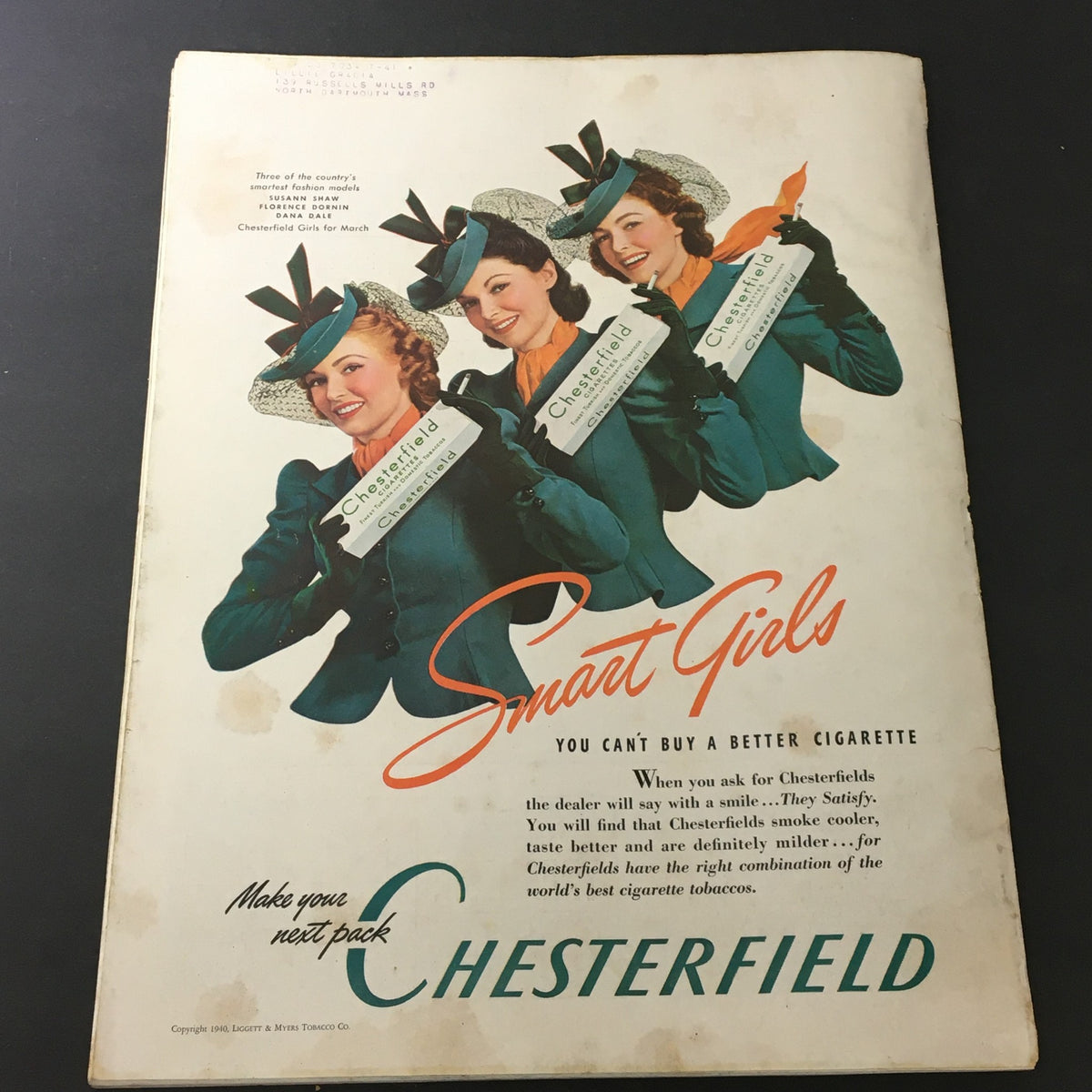 Vintage advertisement for Chesterfield cigarettes featuring three fashionable models from Better Homes & Gardens March 1940.