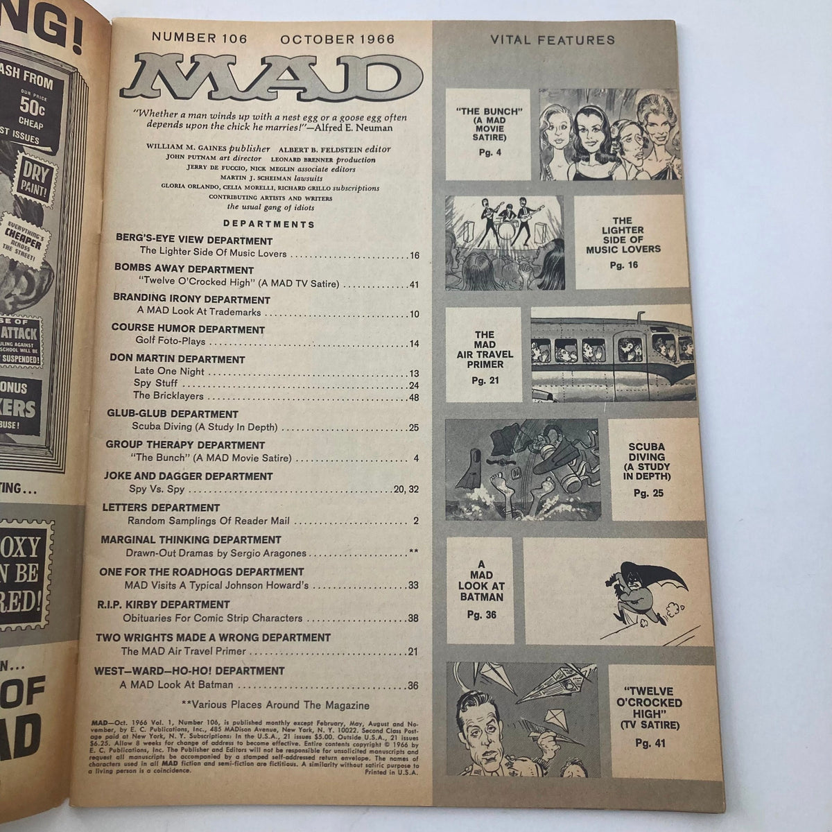 Contents page of Mad Magazine October 1966 No. 106 showcasing various comic features including a specific section on Scuba Diving.